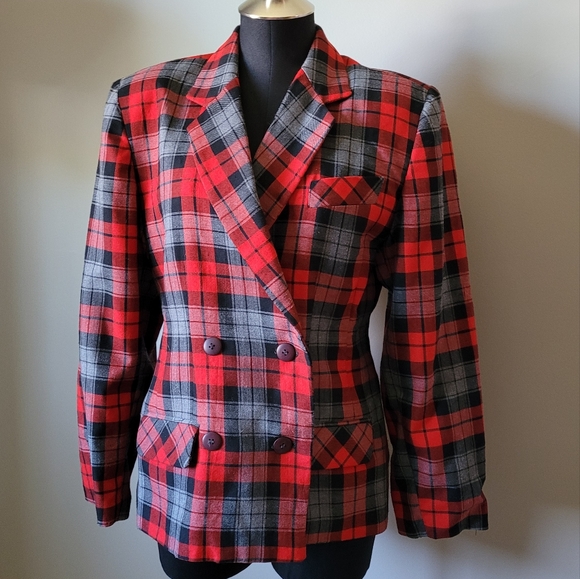 1980s red black plaid double breasted blazer - Picture 11 of 12